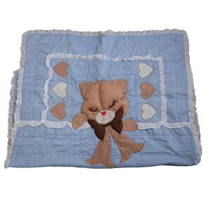 Blue & White Gingham Baby Blanket with Padded Cat Kitten Hearts Eyelet Lace